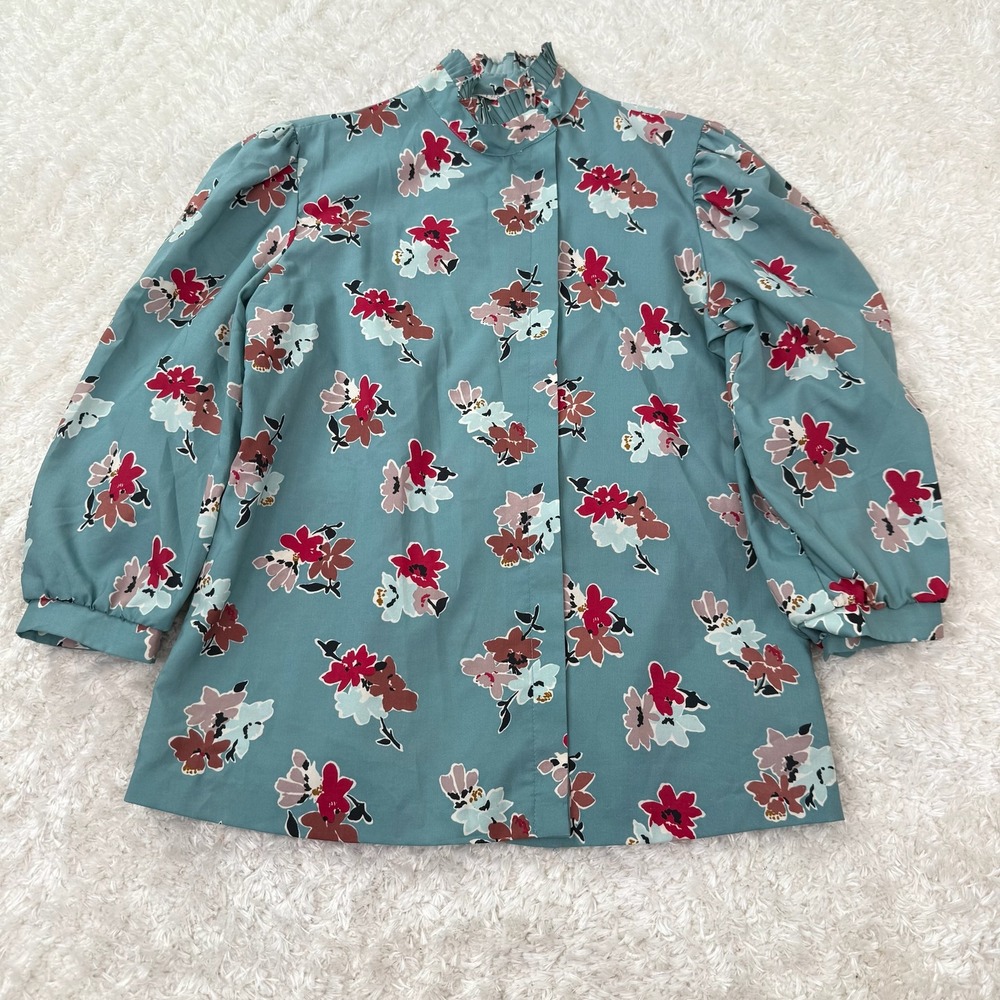 Allyson Holley Floral Blouse Women's Medium Ruffle Neck LS Vintage Top Career